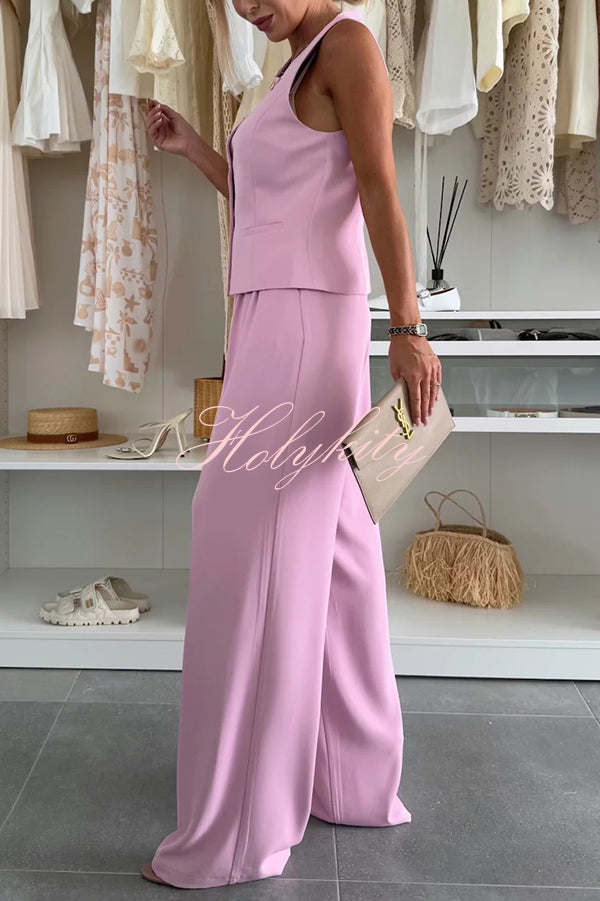 Workplace Chic Sleeveless Button Vest and Relaxed Pocket Wide Leg Pants Set