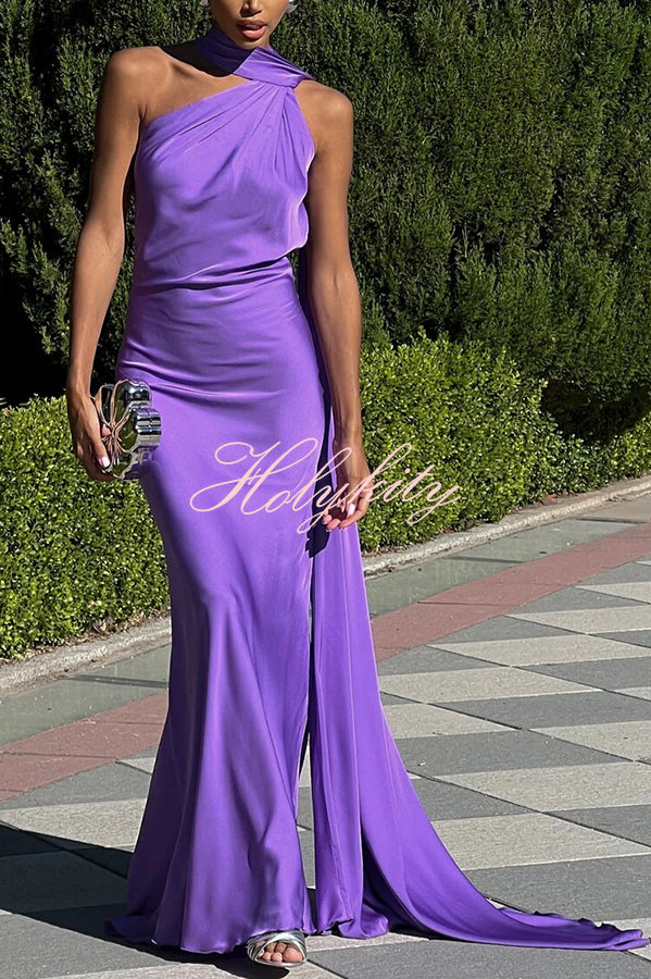 Crush on You Satin One Shoulder Backless Cape Maxi Dress