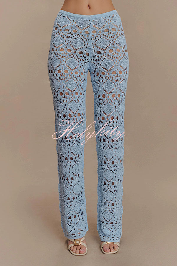 Trena Crochet Knit Hollow Mid Rise Stretch Wide Leg Pants