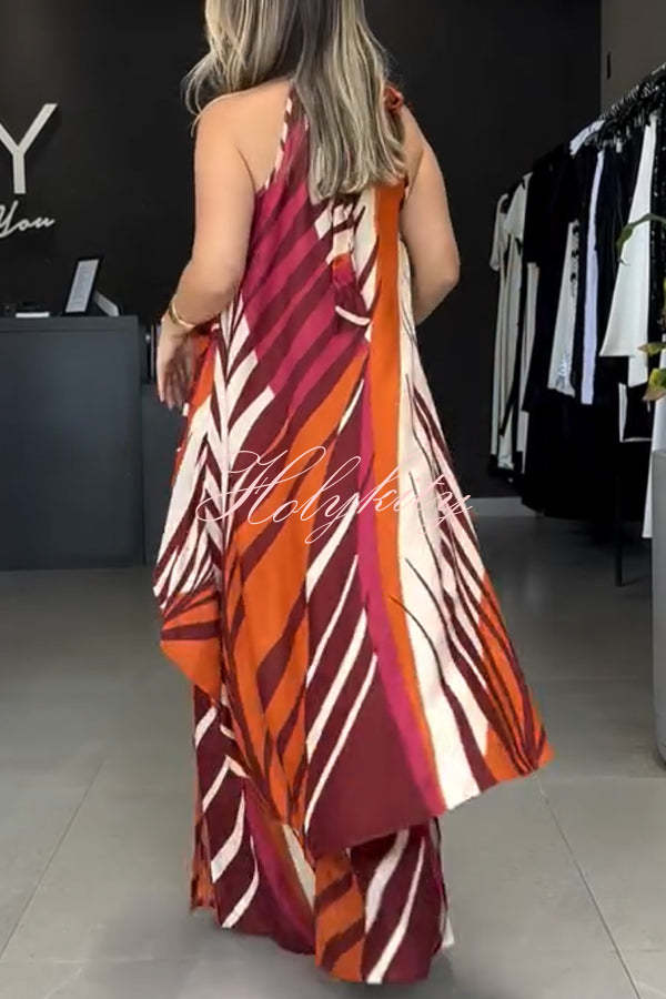 Edina Unique Print High Low Halter Loose Top and Elastic Waist Pocketed Wide Leg Pants Set