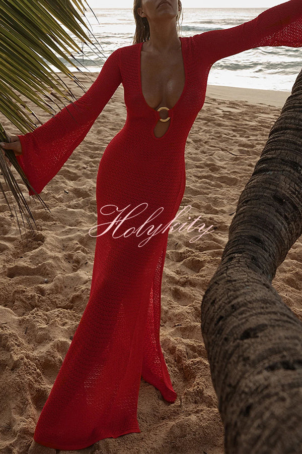 Seaside Goddess Crochet Knit Hollow Out Golden Ring Long Sleeve Cover-up Maxi Dress