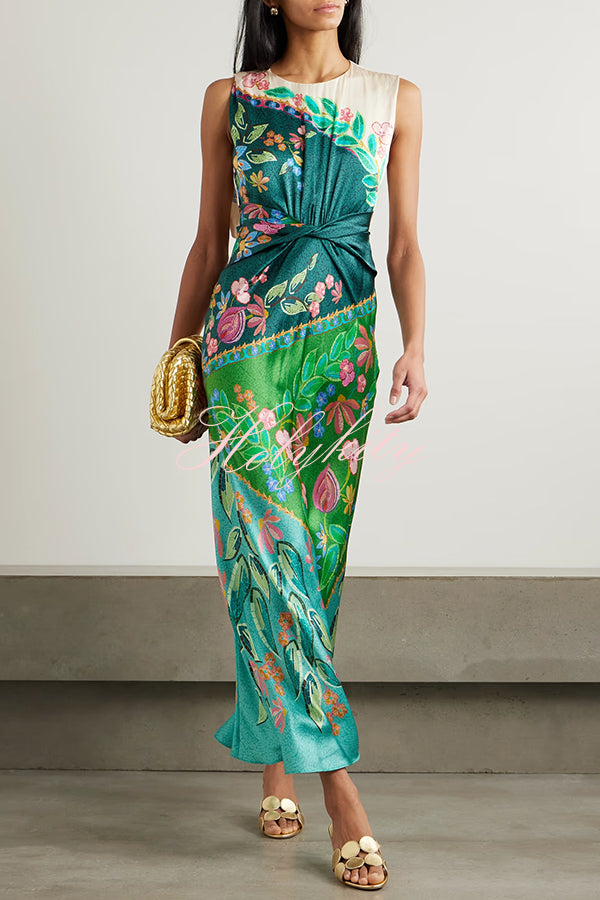 Gwen Satin Unique Print Round Neck Twisted Waist Maxi Dress