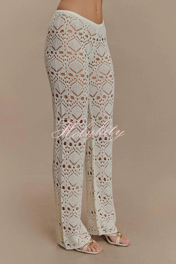 Trena Crochet Knit Hollow Mid Rise Stretch Wide Leg Pants