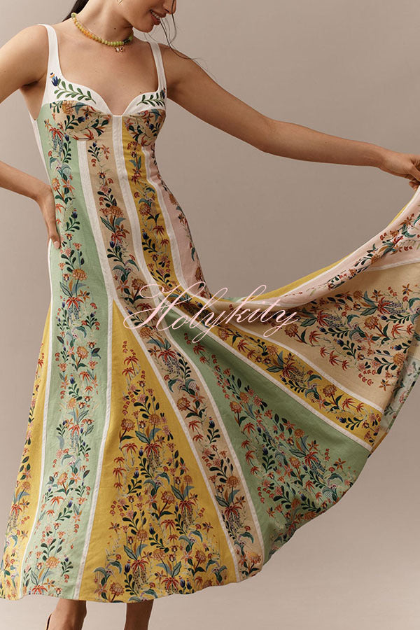 Sweet Garden Linen Blend Color Block Floral Paneled Maxi Dress