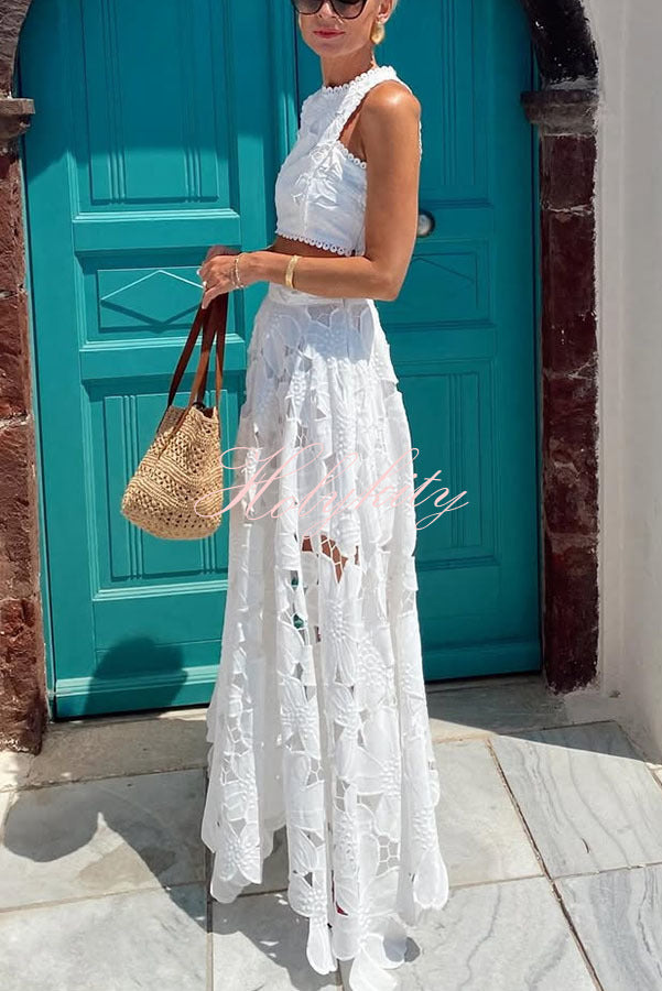 Next Trip Floral Embroidery Crochet Lace Elastic Waist Pocket Maxi Skirt