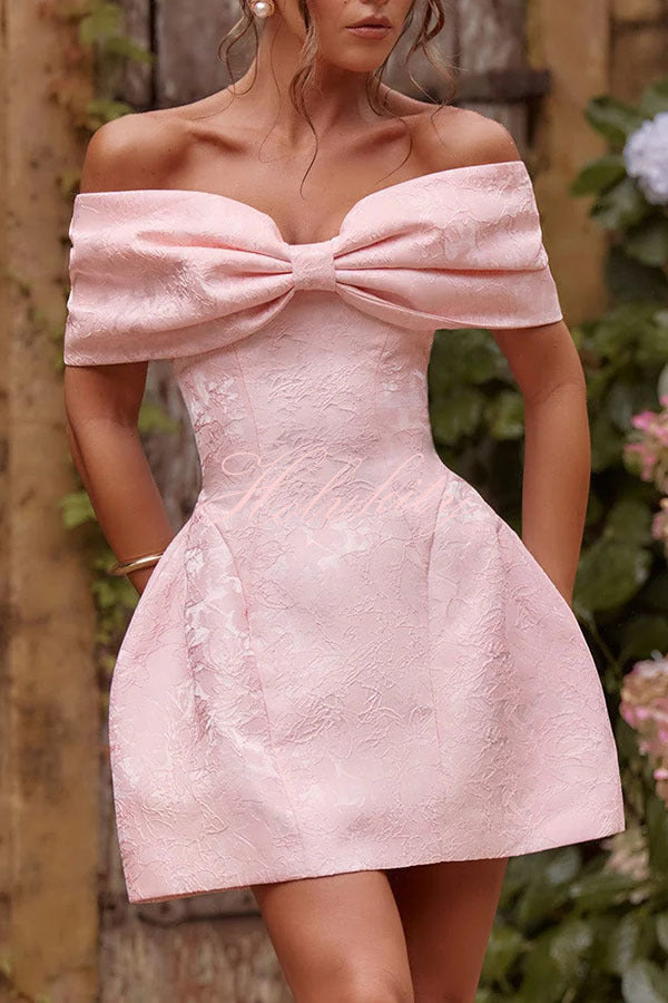 Raquel Floral Jacquard Oversized Off The Shoulder Bow Detail Mini Dress