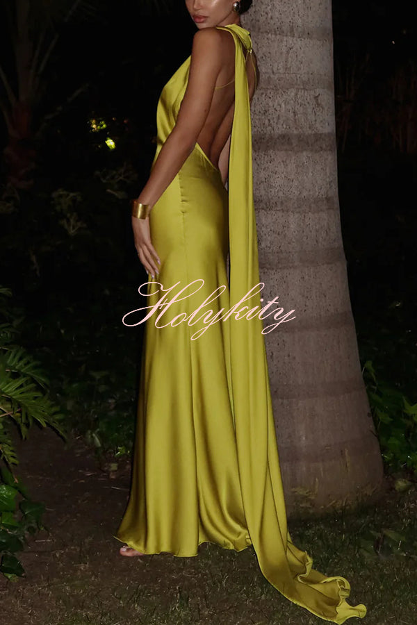 Crush on You Satin One Shoulder Backless Cape Maxi Dress