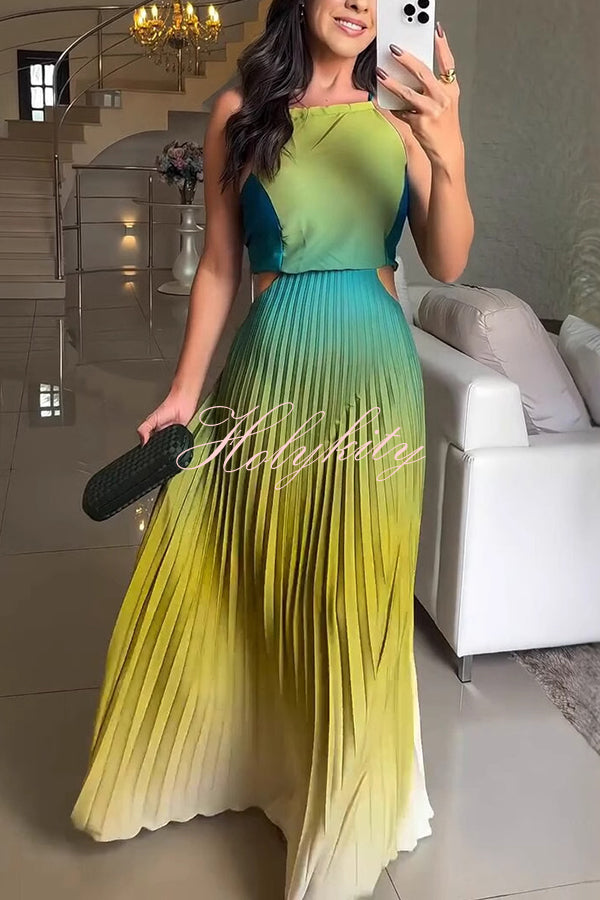Fashionable Backless Tie Elegant Gradient Pleated Maxi Dress