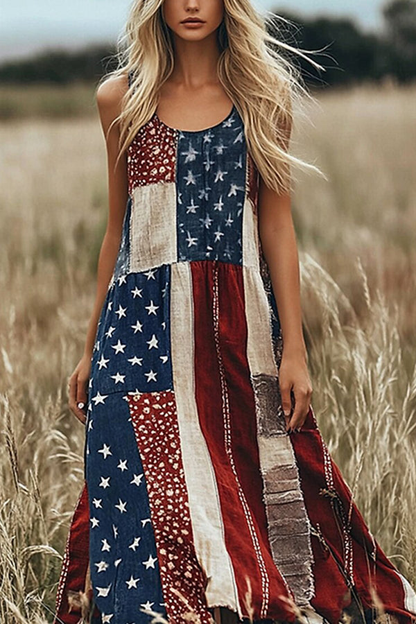 Independence Day Print Sleeveless Casual Loose Maxi Dress