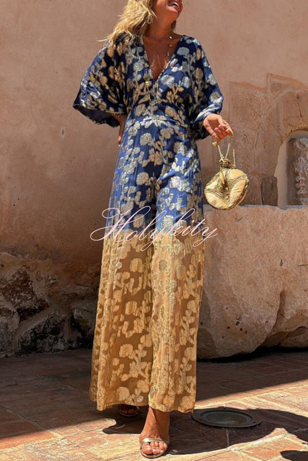 Avani Tie Dye Gradient Golden Flower Print Wide Sleeve Elastic Waist Jumpsuit