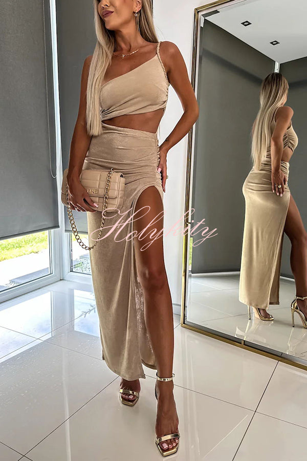 Little Mermaid One Shoulder Cutout Waist Ruched Stretch Maxi Dress