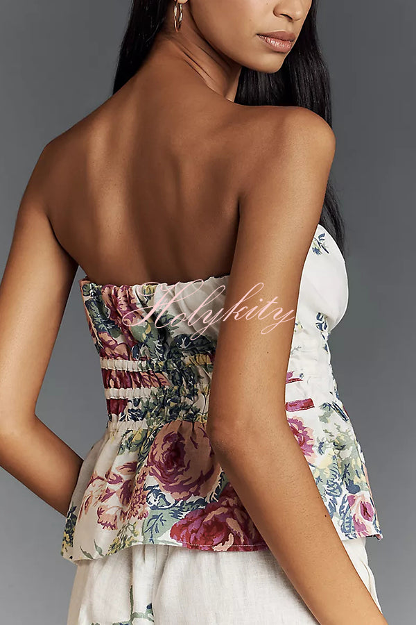 In To The Summer Linen Blend Floral Print Elastic Bandeau and Elastic Waist Pocket Loose Pants Set