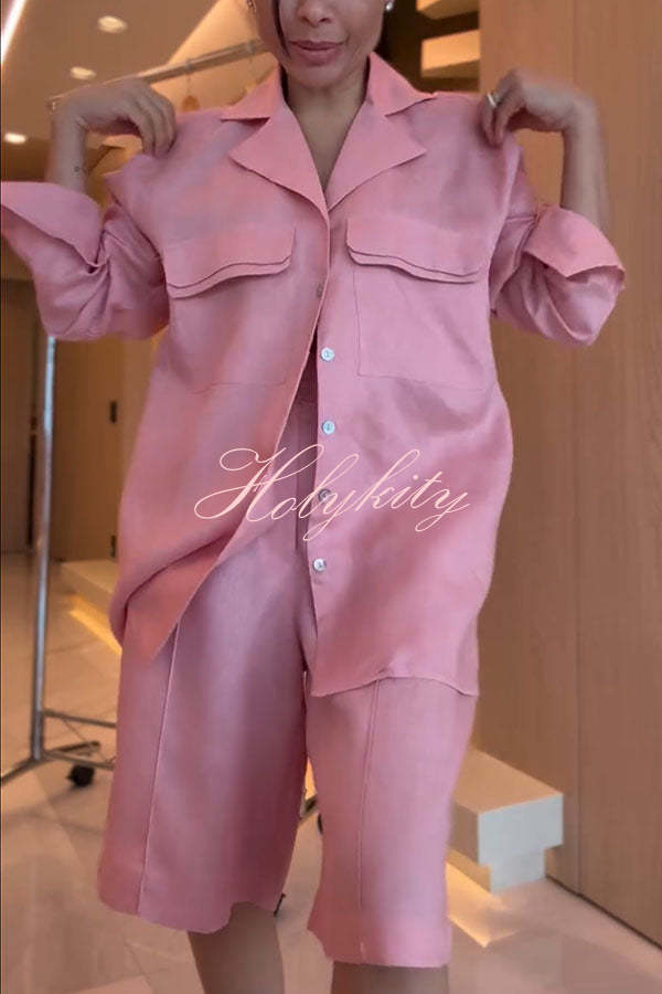 Solyn Linen Blend Double-layer Flap Long Sleeve Shirt and Elastic Waist Pocket Bahamian Shorts Set