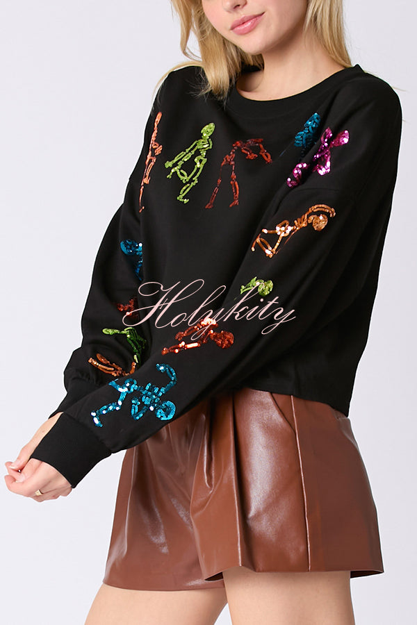 Halloween Skull Sequin Loose Crop Casual Sweatshirt