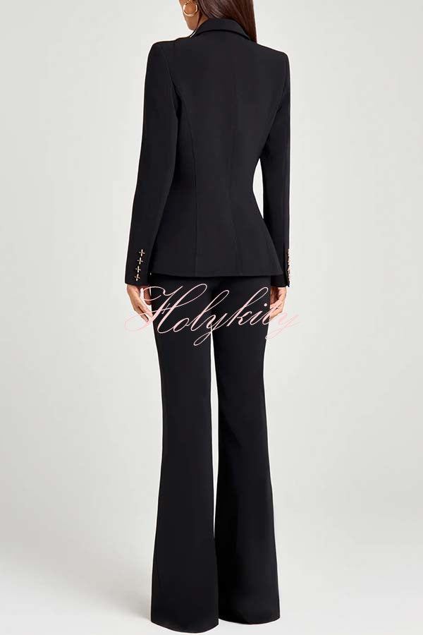 Women Power Metal Cross Snap Button Long Sleeve Lapel Blazer
