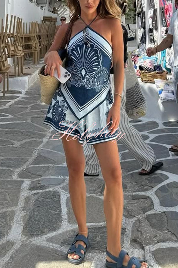 Jiya Linen Blend Unique Print Halter Scarf Tank and Elastic Waist Pocket Shorts Set