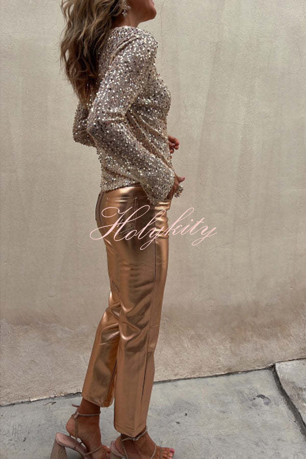 Sinclair Metallic Faux Leather High Rise Pocketed Straight Pants