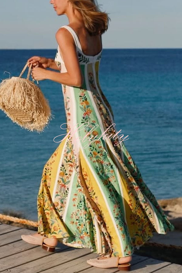 Sweet Garden Linen Blend Color Block Floral Paneled Maxi Dress