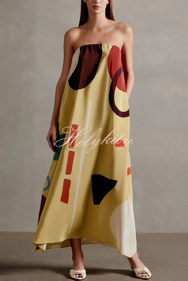 Miss Me Satin Unique Printed Off Shoulder Pocketed Loose Maxi Dress