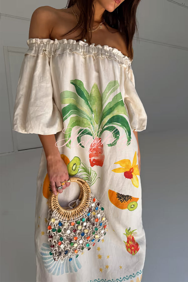 Sunveil Linen Blend Unique Print Puff Sleeve Pocket Strapless Maxi Dress