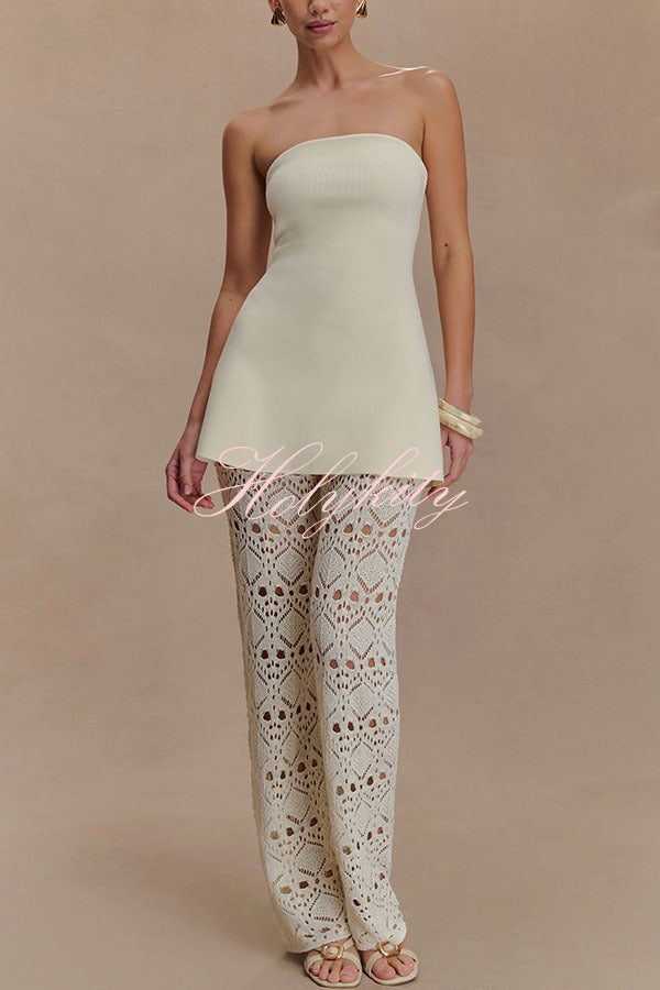 Trena Crochet Knit Hollow Mid Rise Stretch Wide Leg Pants