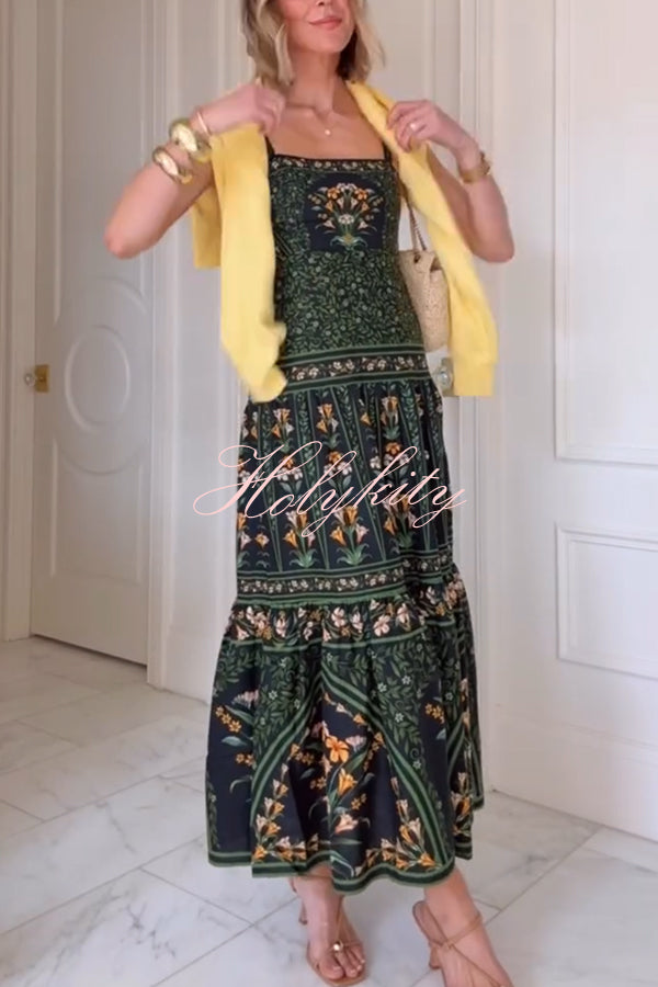 Tropical Look Linen Blend Floral Print Square Neck Back Smocked Midi Dress