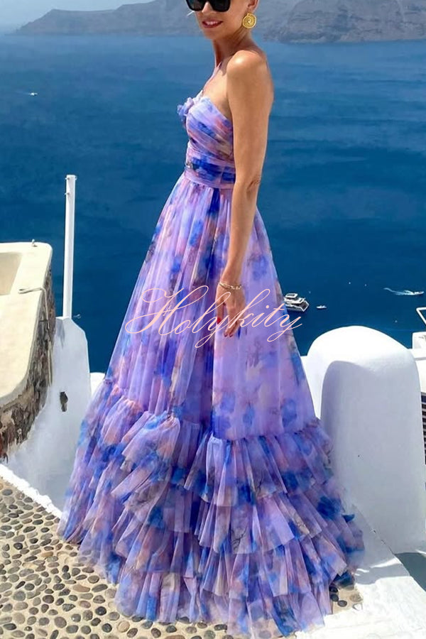 Dreamy Clouds Tulle Printed Rose Detail Cutout Ruffles Tiered Halter Maxi Dress