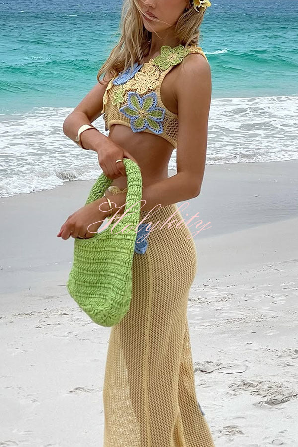 Susanna Knit Crochet Handmade Flower One Shoulder Stretch Crop Tank