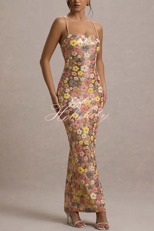 80's Inspired Floral Print Sequin Square Neck Slip Stretch Maxi Dress