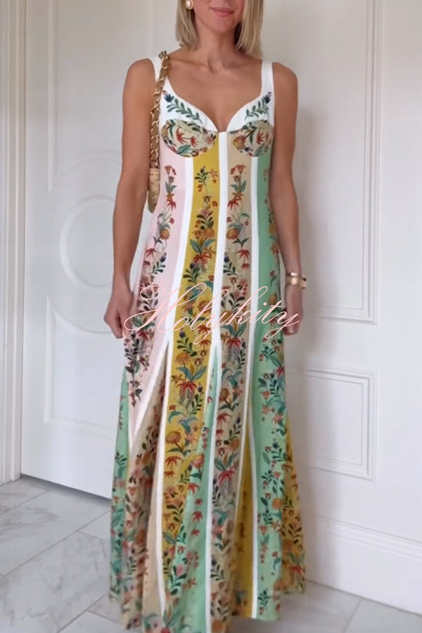 Sweet Garden Linen Blend Color Block Floral Paneled Maxi Dress