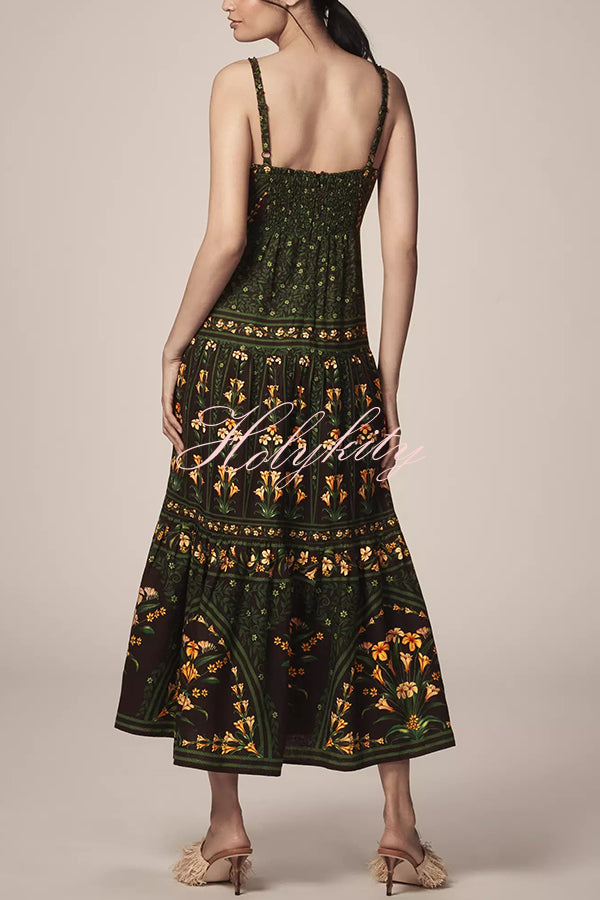 Tropical Look Linen Blend Floral Print Square Neck Back Smocked Midi Dress