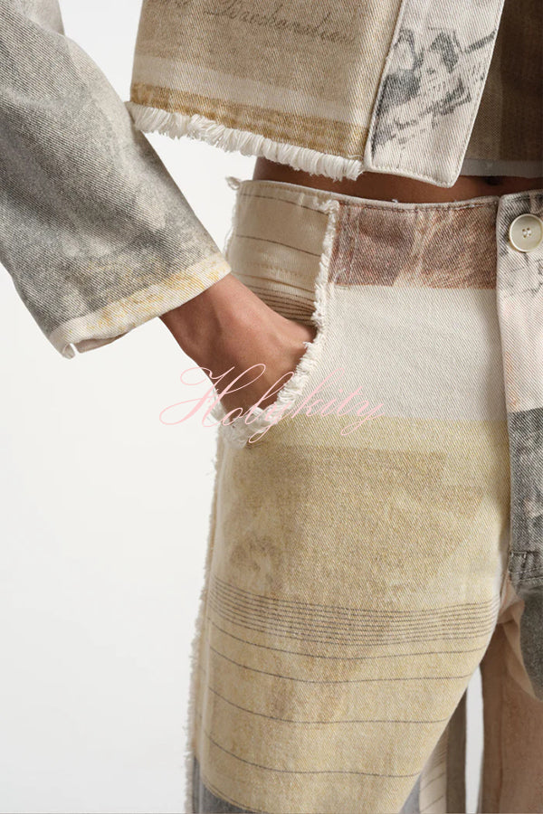 Historic Imagery Unique Print High Rise Pocketed Wide Leg Jeans