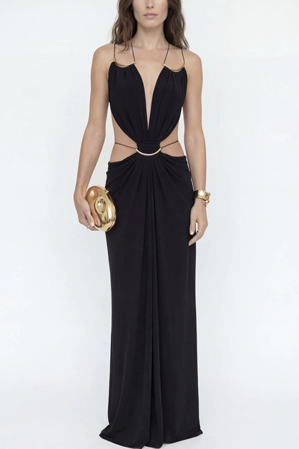 Athena Metal-Link Cutout Design Back Lace-up Drape Maxi Dress