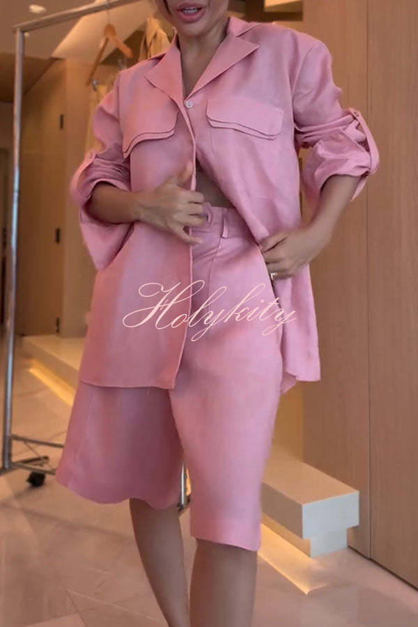 Solyn Linen Blend Double-layer Flap Long Sleeve Shirt and Elastic Waist Pocket Bahamian Shorts Set