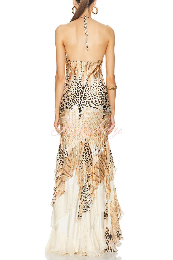 Coral Satin Leopard Print Halter Cowl Neck Exaggerated Ruffles Hem Maxi Dress