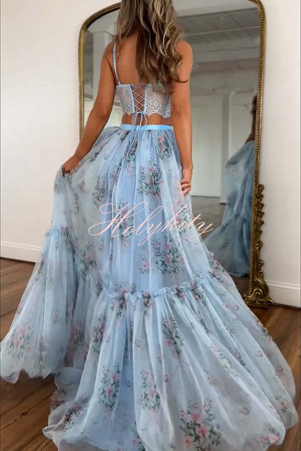 Vita Floral Satin Bow Lace Back Lace-up Crop Tank and Tulle High Rise A-line Maxi Skirt Set