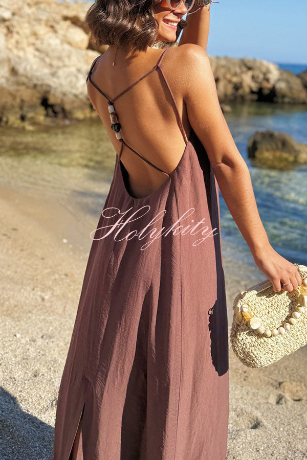 Sunny Beach Straps Unique Beaded Detail Backless Slit Maxi Dress