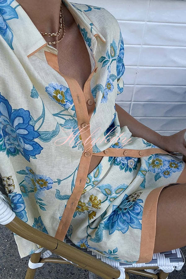 Giselle Linen Blend Floral Print Short Sleeve Shirt and Zipper Mini Skirt Set