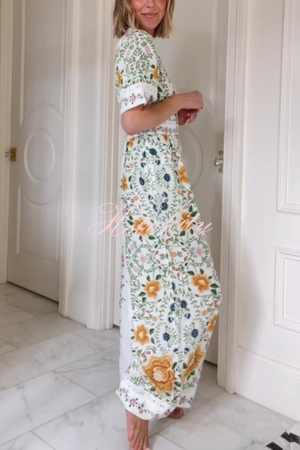 Natural Charm Linen Blend Floral  Print Short Sleeve Pocketed Wide Leg Jumpsuit