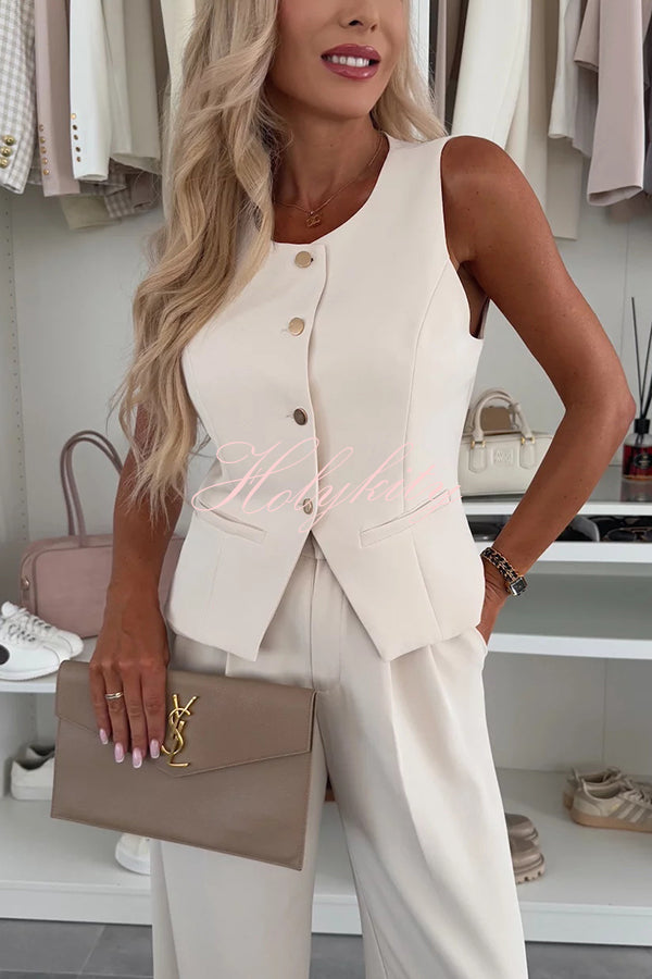 Workplace Chic Sleeveless Button Vest and Relaxed Pocket Wide Leg Pants Set