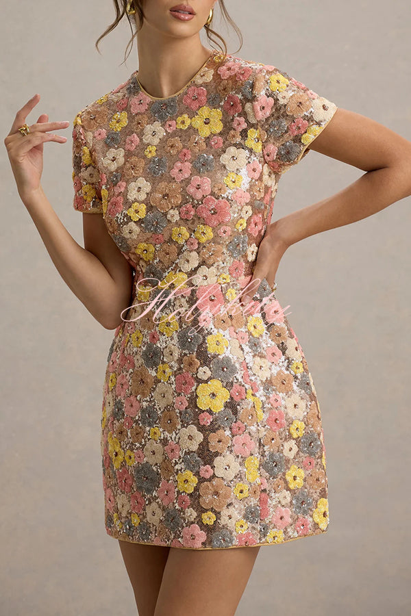 80's Inspired Floral Print Sequin Short Sleeve Stretch Mini Dress