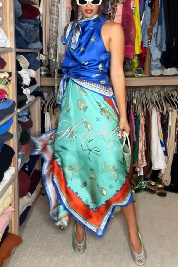 Surrealist Summer Satin Unique Print Tie-up Details Layered Hem Scarf Maxi Dress