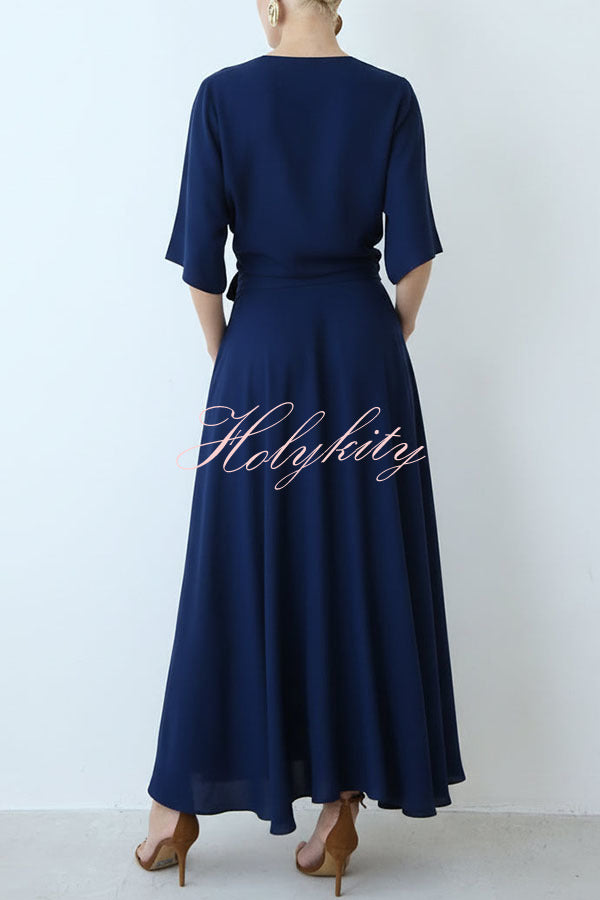Modern and Elegant Satin Half Wide Sleeve Wrap Style Pocket Slit Loose Maxi Dress
