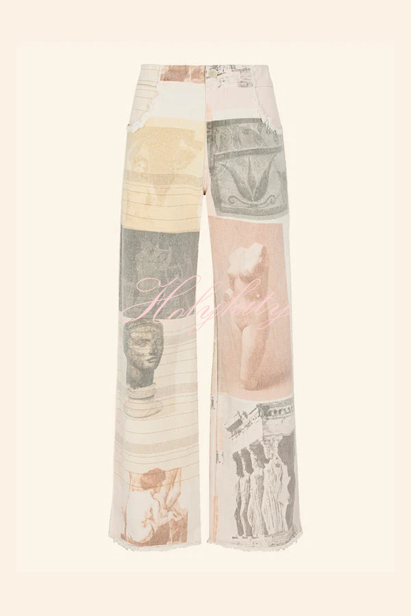 Historic Imagery Unique Print High Rise Pocketed Wide Leg Jeans