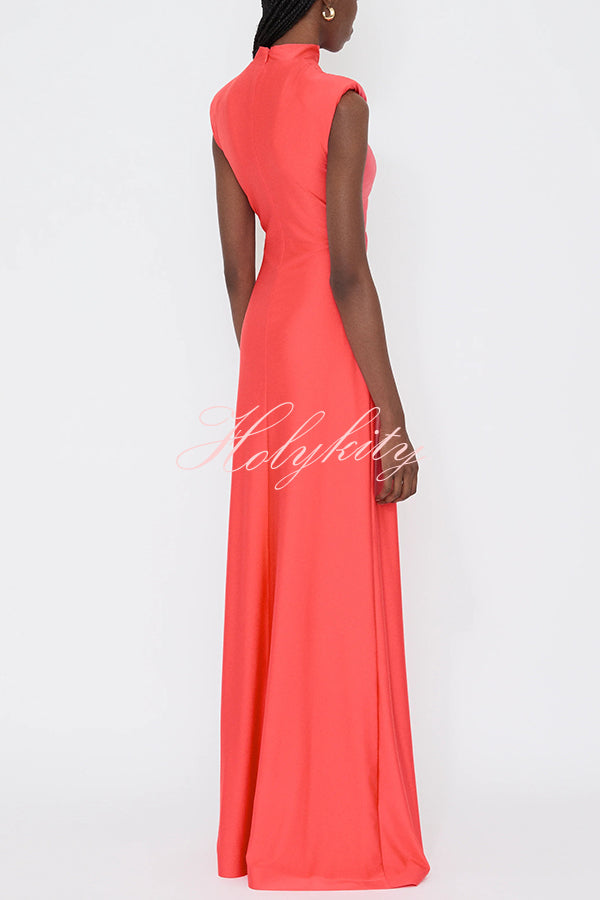 Genis Hollow Elastic Bust High Neck Sleeveless Gathered Maxi Dress