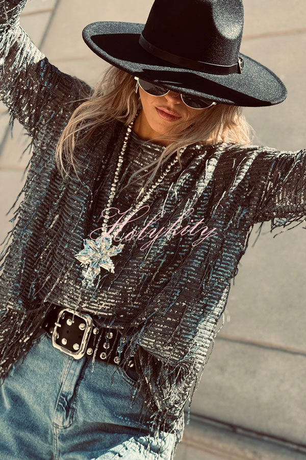 Party Crasher Sequin Tassle Fabric Long Sleeve Loose Top