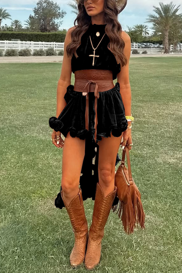 Romantic Drama Chiffon Wavy Ruffles Halter Irregular A-line Top