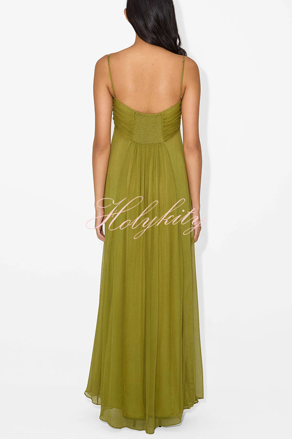 Soft and Elegant Metal Hollow Design Back Smocked A-line Slip Maxi Dress