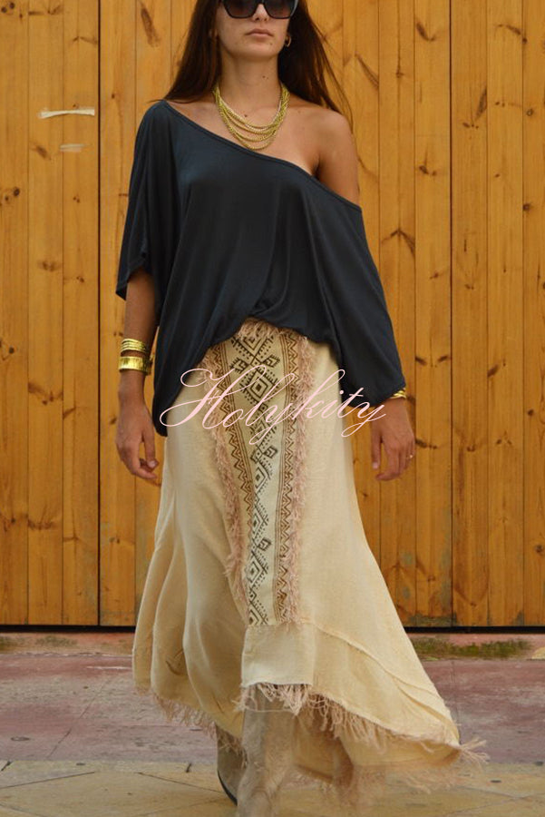 Beach Chic Linen Blend Ethnic Print Patchwork Tassel Elastic Waist A-line Skirt