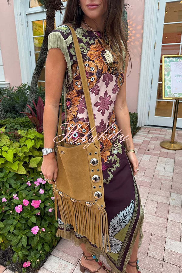 Bohemian Style Floral Print Tassel Trim Irregular Hem Slit Scarf Midi Dress